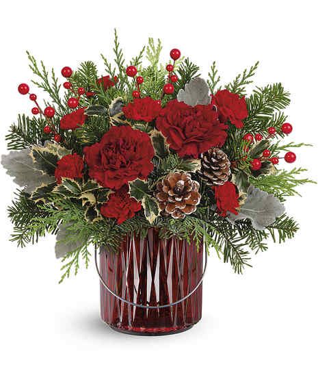 red flowers and pine cones